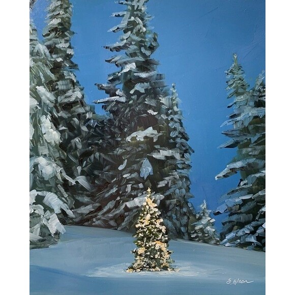 Original Oil Painting Landscape Christmas Lights Snowy Winter Forest 8x10 Signed - Picture 1 of 6